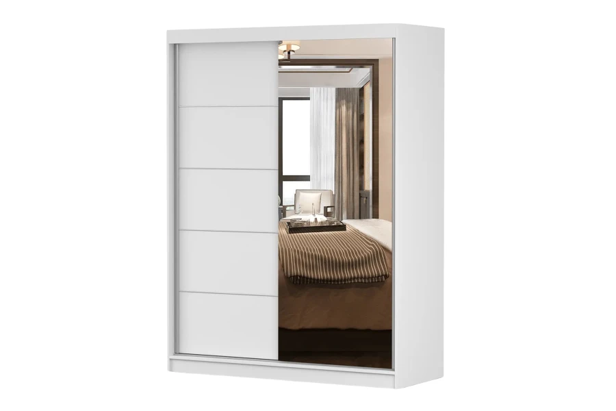 Eleganter Kleiderschrank in Weiß mit Spiegeltür und fünf horizontalen Segmenten.