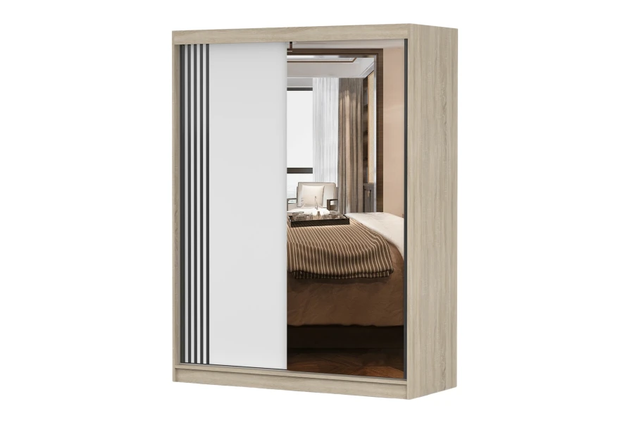 Moderner Schwebetürenschrank in Eiche mit Spiegel und Lamellen-Design, Perspektive rechts.