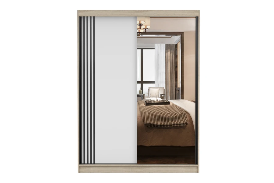 Zweitüriger Schlafzimmerschrank mit Spiegel und modernem weißem Türdesign, Frontansicht.