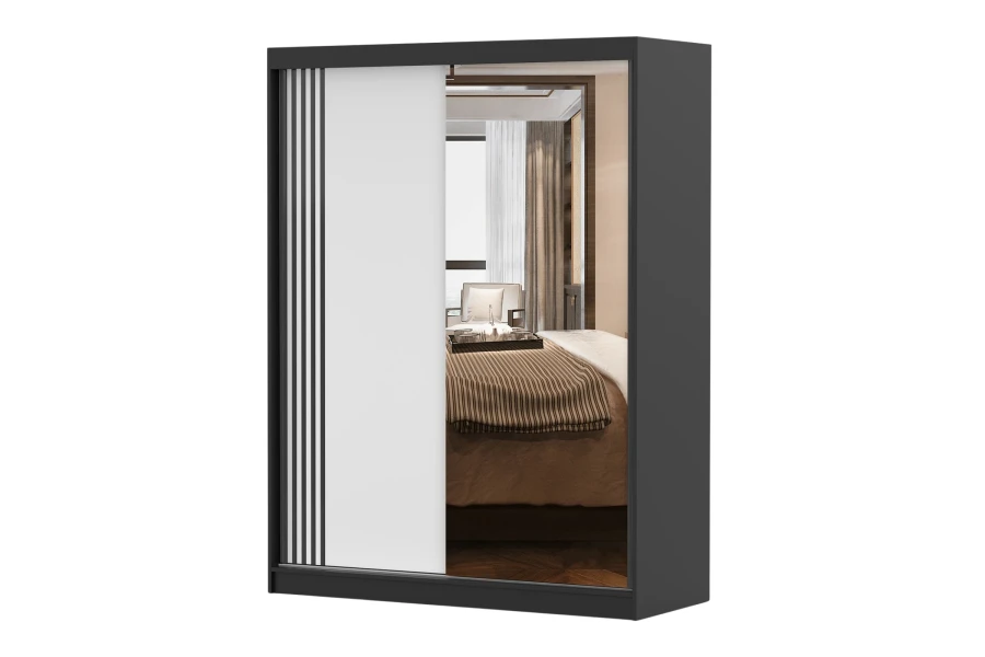 Moderner Schwebetürenschrank schwarz mit Spiegel und Streifen-Dekor