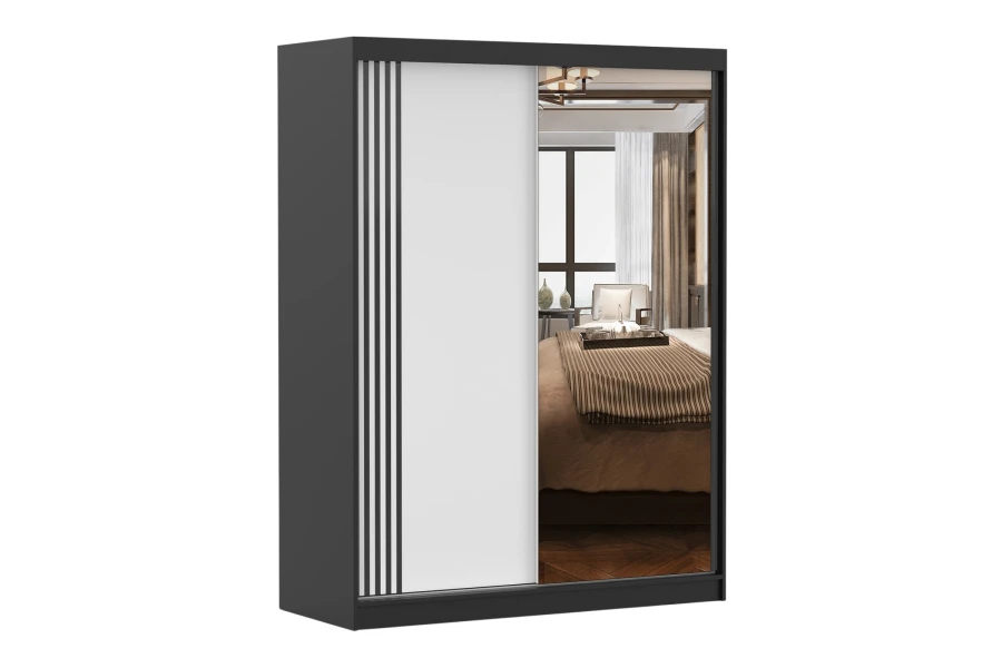 Schwarzer Schlafzimmerschrank mit Schiebetüren und großer Spiegelfläche