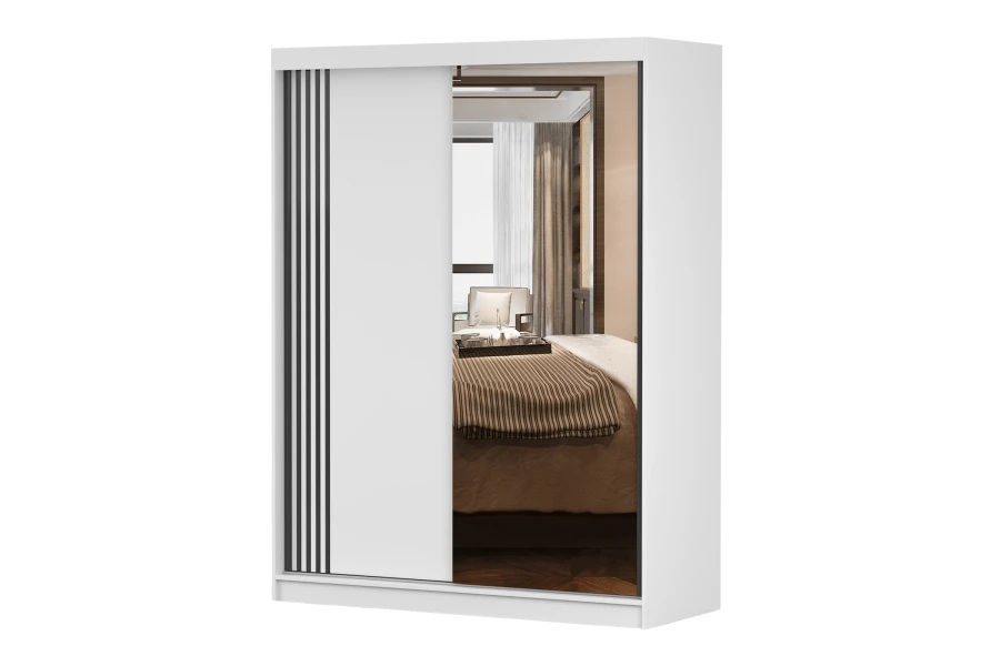 Moderner weißer Kleiderschrank mit schwarzen Streifen und Spiegeltür, Perspektive.