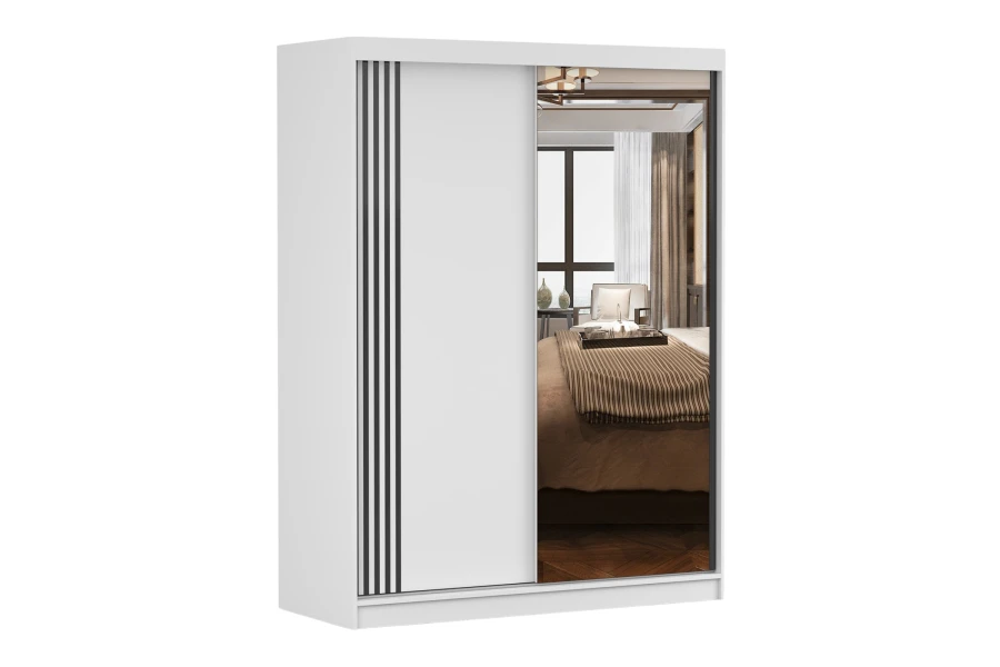 Weißer Schwebetürenschrank mit Spiegel und Streifendesign für das Schlafzimmer.