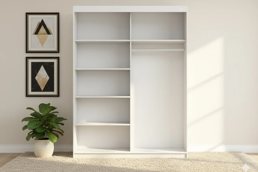 Offener weißer Kleiderschrank mit vielen Ablagefächern im Schlafzimmer-Ambiente