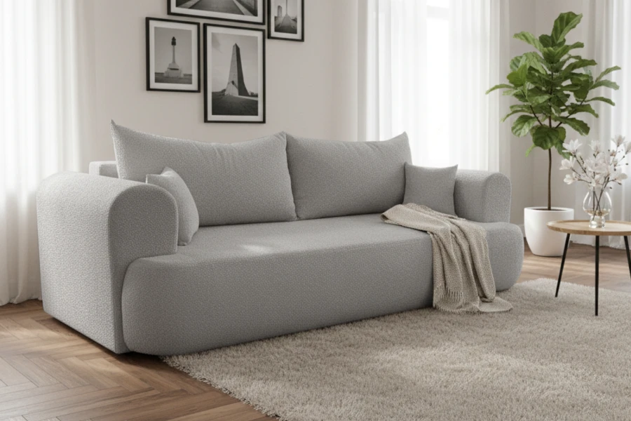 Gemütliches hellgraues Sofa vor einer Bildergalerie im hellen Wohnbereich.
