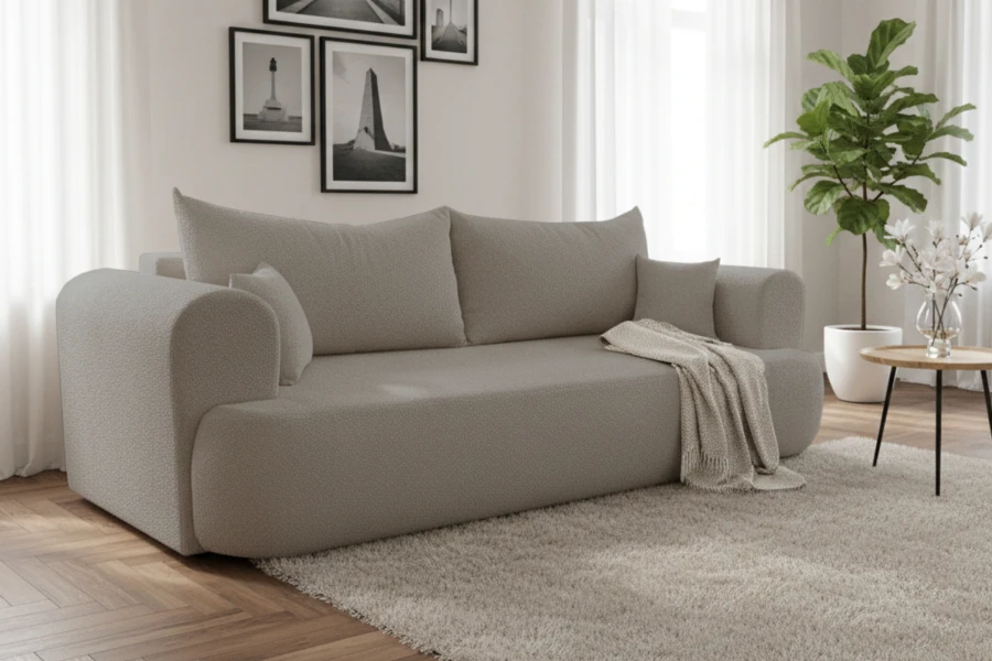 Elegantes beiges Sofa mit weichen Kissen in einem stilvoll eingerichteten Raum.