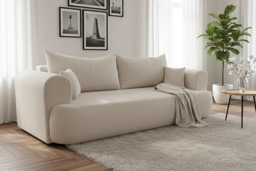 Gemütliches beige-farbenes Sofa in hellem, modernen Wohnzimmer mit Teppich und Pflanzen.
