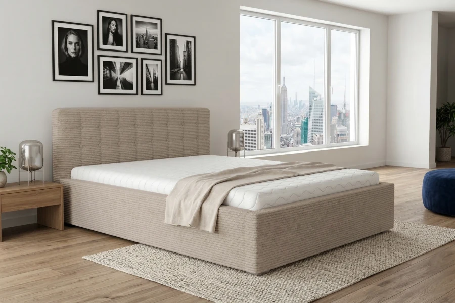 Modernes Polsterbett mit Cord-Bezug in Beige im Schlafzimmer mit Panoramablick auf die Stadt.