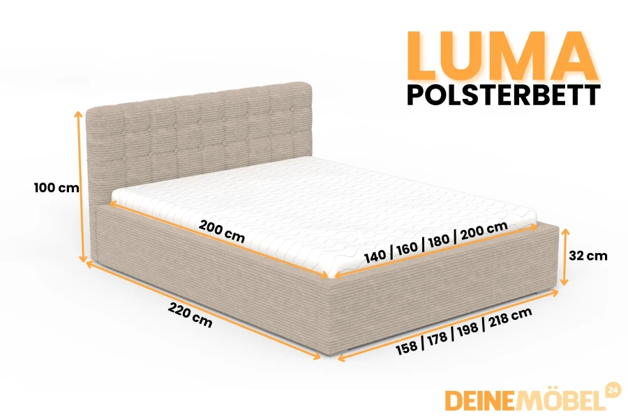LUMA Polsterbett Beige mit Maßen und Abmessungen für das Schlafzimmer.