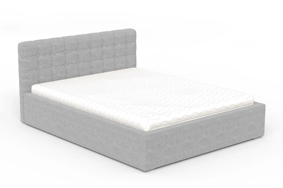 Graues Doppelbett mit Cord-Bezug und weißer Matratze auf weißem Hintergrund.