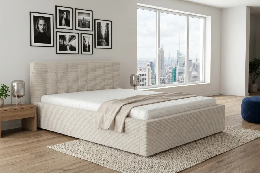 Beiges Polsterbett mit Cord-Bezug in hellem Schlafzimmer mit Panoramafenster.