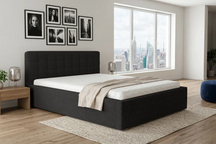 Modernes Schlafzimmer-Design mit schwarzem Polsterbett in Cord-Optik und City-View.