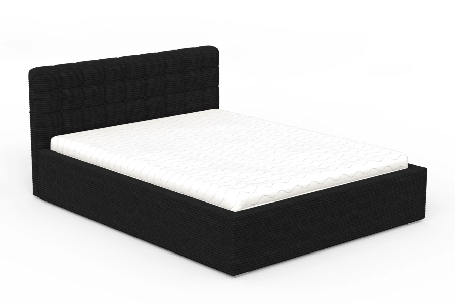 Schwarzes Doppelbett mit Cord-Bezug und weißer Matratze auf weißem Hintergrund.
