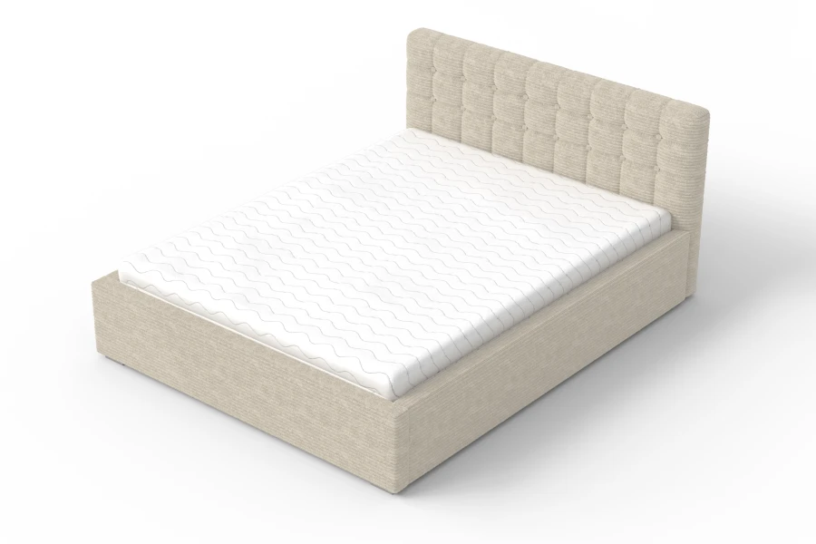 Beiges Cord-Bett mit weißer Matratze in perspektivischer Ansicht von oben.