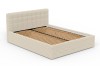 Beige gepolstertes Bettgestell aus Cord mit Holzlattenrost auf weißem Hintergrund.
