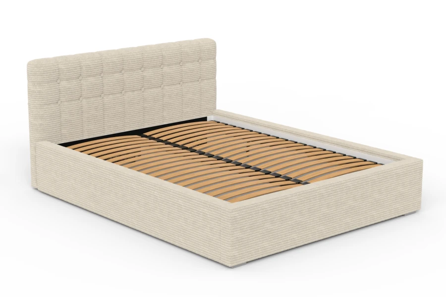 Beige gepolstertes Bettgestell aus Cord mit Holzlattenrost auf weißem Hintergrund.
