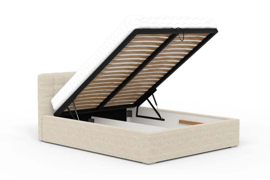Beige Polsterbett aus Cord mit offenem Bettkasten und hochgeklapptem Lattenrost.