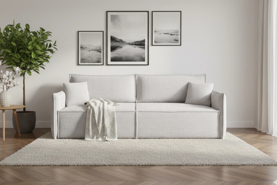 Gemütliches hellgraues Stoffsofa in modernem Wohnzimmer-Ambiente mit Dekoration.