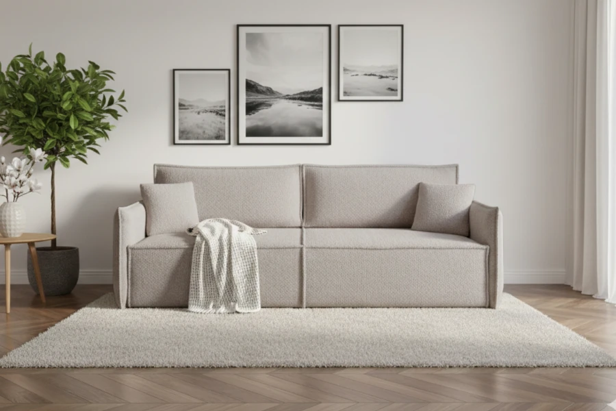 Modernes beiges Sofa im Wohnzimmer mit Wandbildern und Teppich.