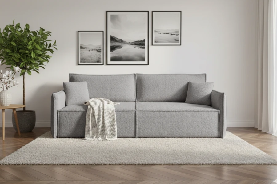 Stilvolles graues Sofa vor einer Wand mit drei gerahmten Bildern.