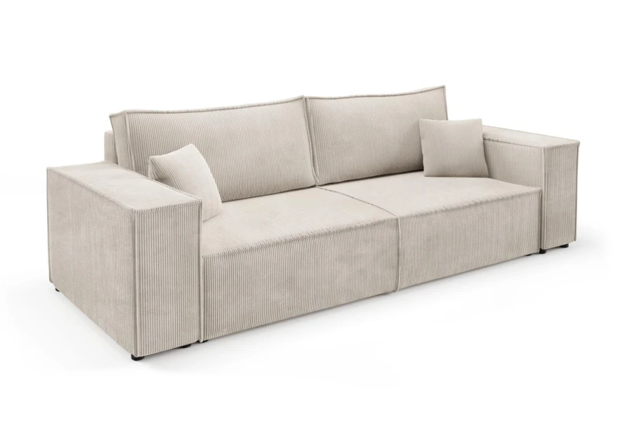 Modernes beige Cord-Sofa im minimalistischen Design vor weißem Hintergrund