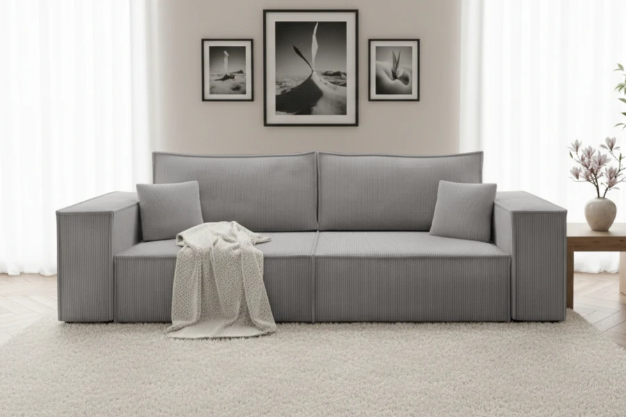 Graues Cordsofa im Wohnzimmer mit stilvoller Wanddekoration