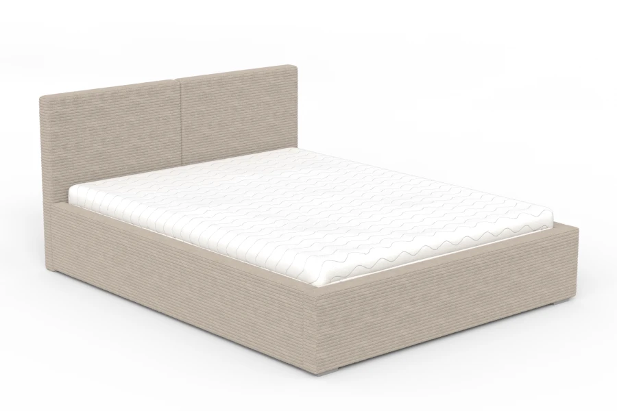 Freigestelltes Polsterbett in Beige mit Cord-Bezug und weißer Matratze.