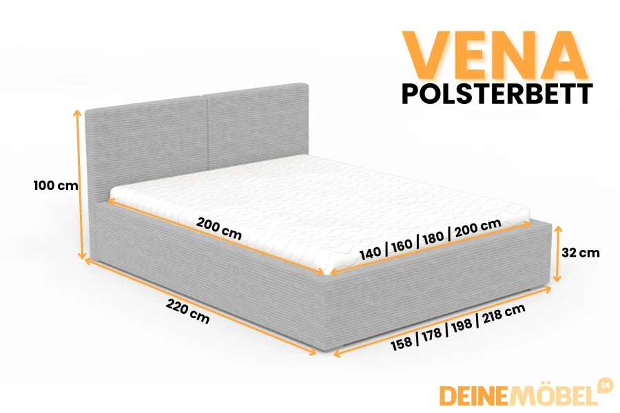 Maßangaben für das Polsterbett Vena in Grau mit verschiedenen verfügbaren Größen.