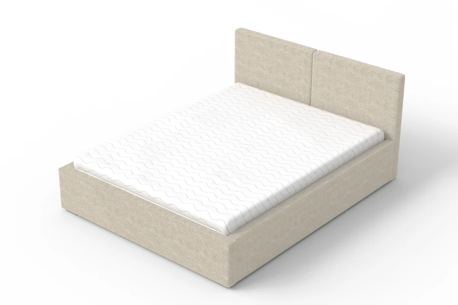 Modernes Polsterbett in Beige aus Cordstoff, isometrische Ansicht.