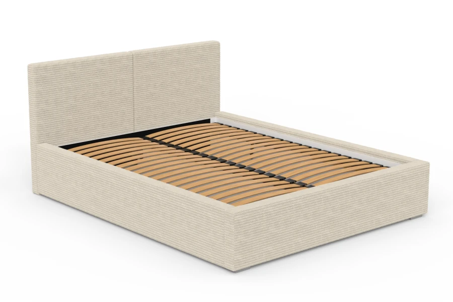 Modernes Polsterbett in Beige mit Cord-Bezug und integriertem Lattenrost für erholsamen Schlaf.