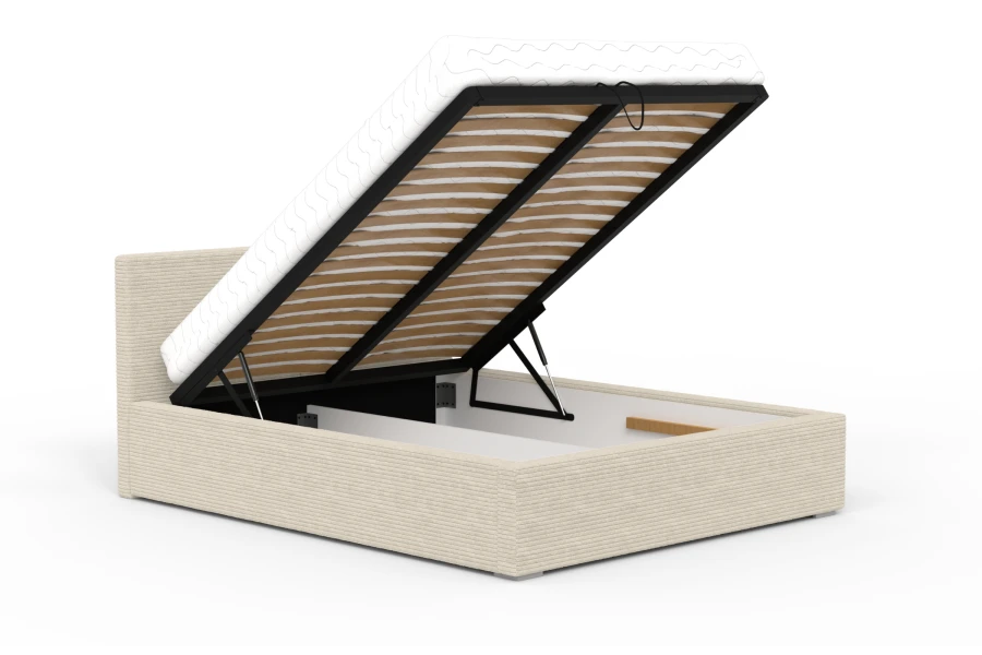 Beiges Polsterbett mit aufklappbarem Bettkasten für zusätzlichen Stauraum im Schlafzimmer.