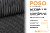 Infografik zum Cord-Stoff Poso mit technischen Daten zu Gewicht, Material und Haltbarkeit.