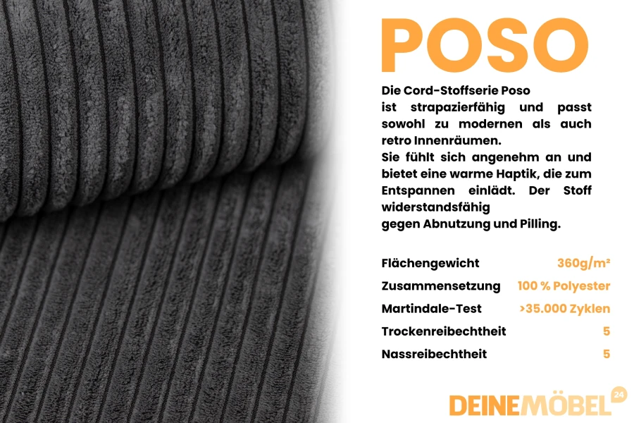 Infografik zum Cord-Stoff Poso mit technischen Daten zu Gewicht, Material und Haltbarkeit.