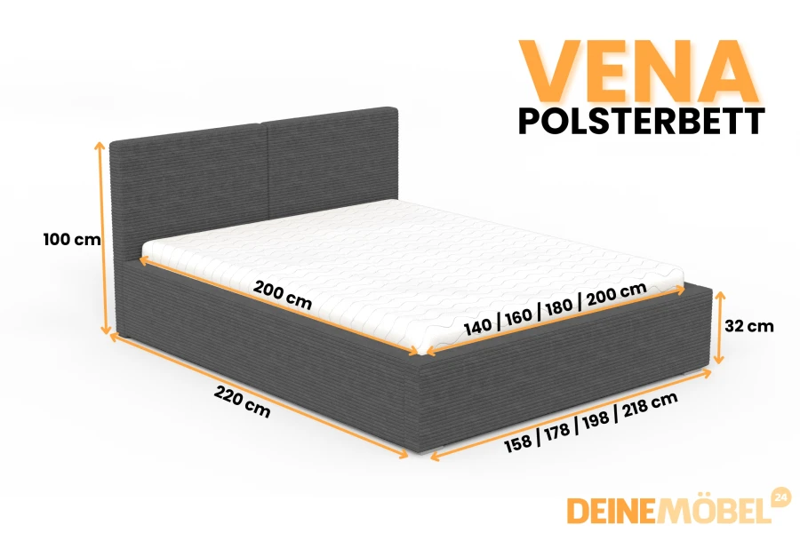 Maße und Abmessungen für das Vena Polsterbett in verschiedenen Breiten von 140 bis 200 cm.