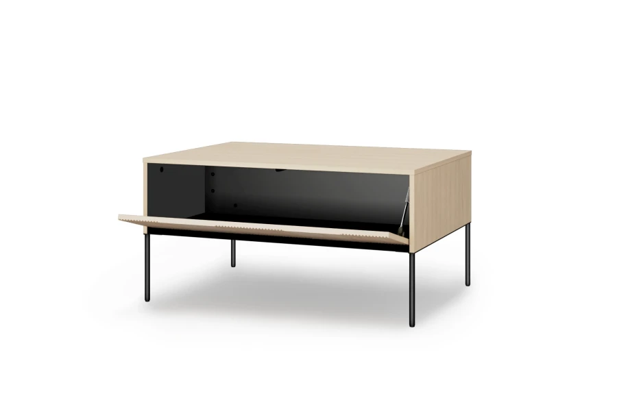 Moderner Couchtisch aus hellem Holz mit offenem Klappfach und schwarzen Beinen.