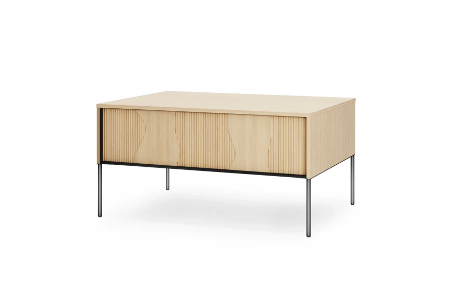 Beiger Wohnzimmertisch mit geriffelter Front und dekorativem Wellendesign.