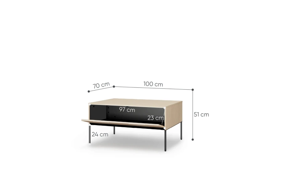 Technische Zeichnung mit Maßen für den Couchtisch: 100x70 cm, Höhe 51 cm.