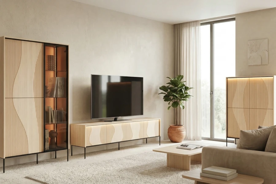 Skandinavisches Wohnzimmer-Set mit TV-Board, Vitrine und Highboard in hellem Holzdesign.