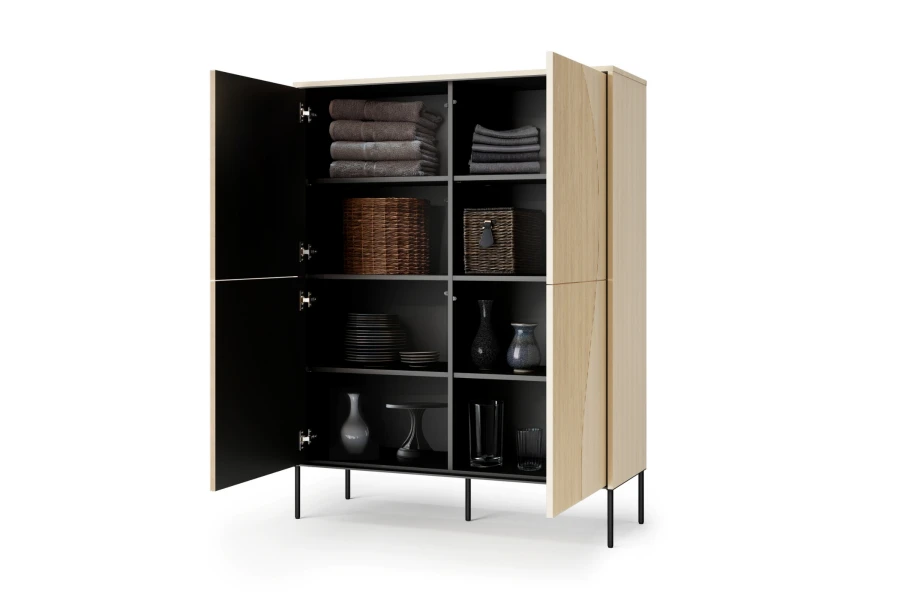 Highboard Holz offen, schwarze Regale mit Geschirr und Handtüchern, modernes Design.