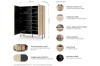 Infografik mit Maßen und Eigenschaften des Highboards: 112x148x40 cm, LED-Licht und Stauraum-Details.