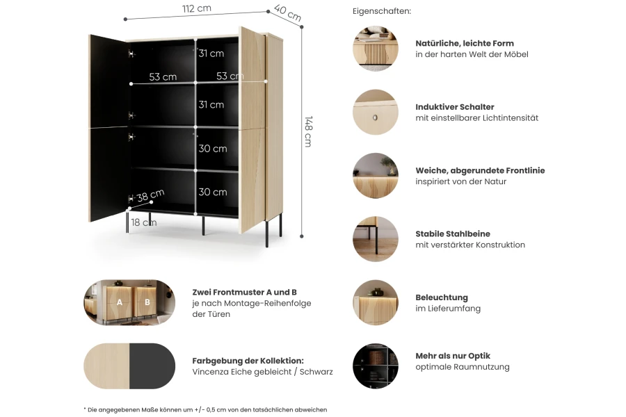 Infografik mit Maßen und Eigenschaften des Highboards: 112x148x40 cm, LED-Licht und Stauraum-Details.