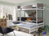 Funktionales Etagenbett mit drittem Ausziehbett und Schubladen in Weiß und Taupe.