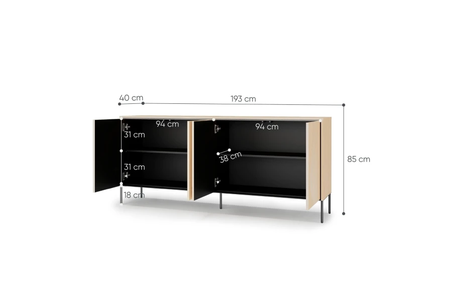 Maßangaben für das Sideboard: 193 cm Breite, 85 cm Höhe und 40 cm Tiefe im Überblick.