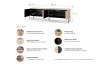 Infografik mit Abmessungen und Details zum Sideboard in Vincenza Eiche mit stabilen Stahlbeinen.