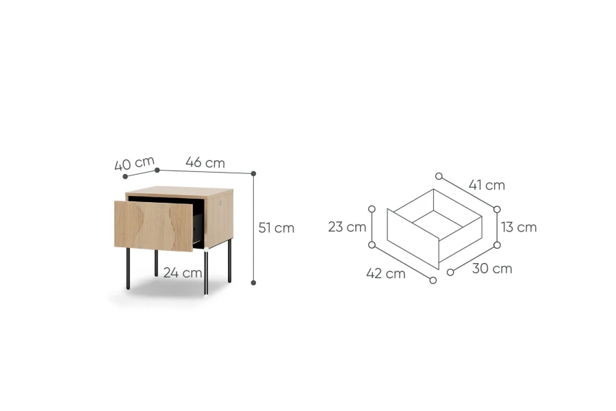 Nachttisch Abmessungen und Details zur Schubladengröße für Eiche-Nachtschrank.