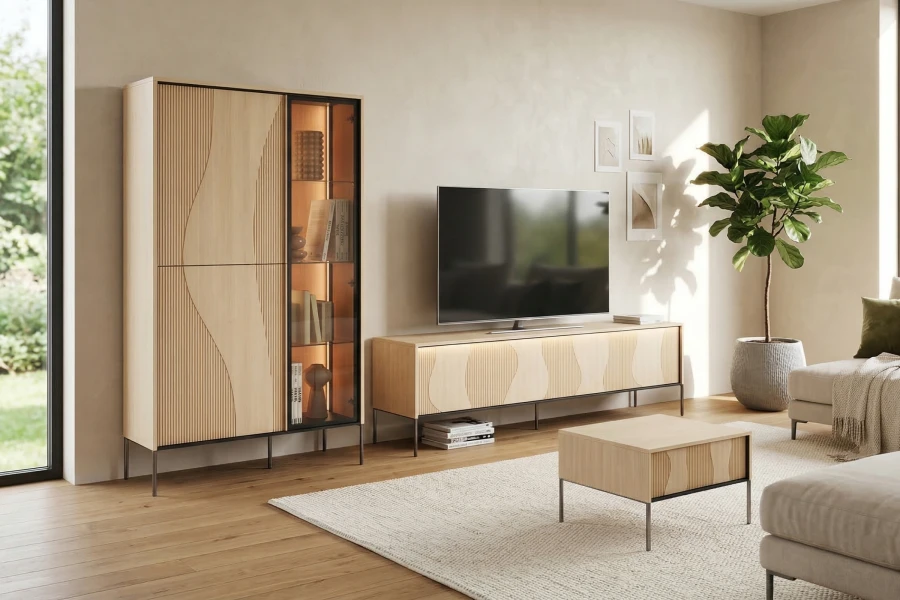 Helle Wohnzimmereinrichtung mit TV-Board, hohem Schrank und quadratischem Couchtisch aus Holz.