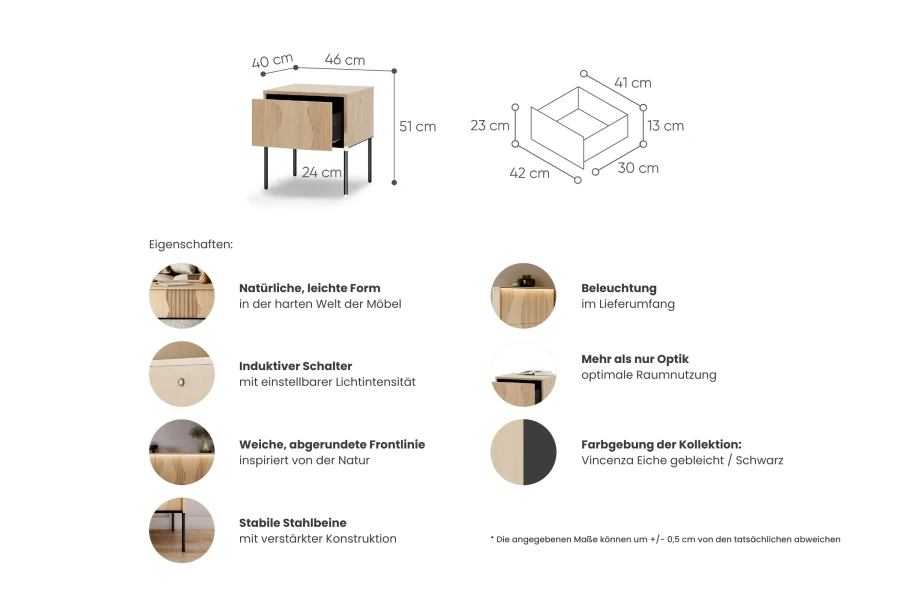 Infografik mit Maßen und Eigenschaften des Nachttisches aus der Favos Kollektion.