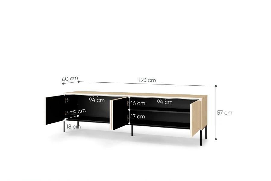 Detaillierte Maße des Favos 05 Lowboards mit 193 cm Breite und Einblick in den Stauraum.