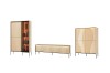 Favos Möbelset mit Vitrine, Lowboard und Highboard aus hellem Holz mit Rillenstruktur.