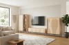 Moderne Wohnwand aus hellem Holz mit TV-Board, Vitrine und Highboard im Wellendesign.